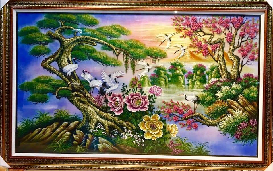 Tranh đá quý tùng hạc mẫu đơn