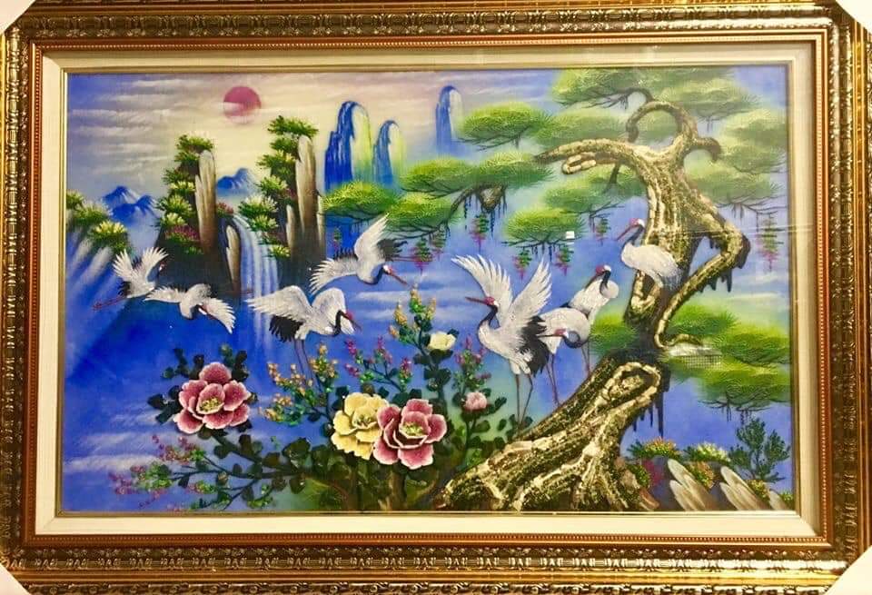 Tranh đá quý tùng hạc mẫu đơn
