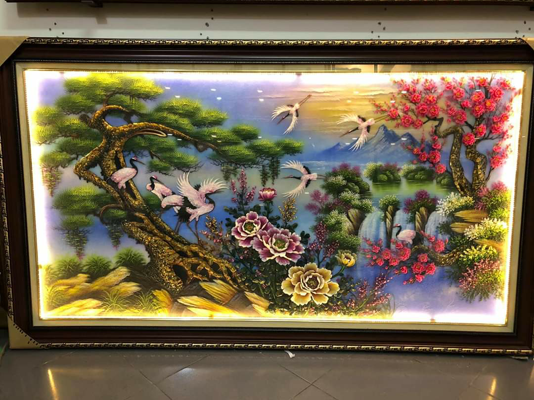 Tranh đá quý tùng hạc mẫu đơn