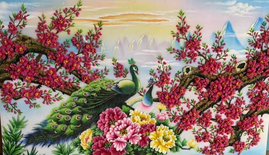 Tranh đá quý đôi công uyên ương