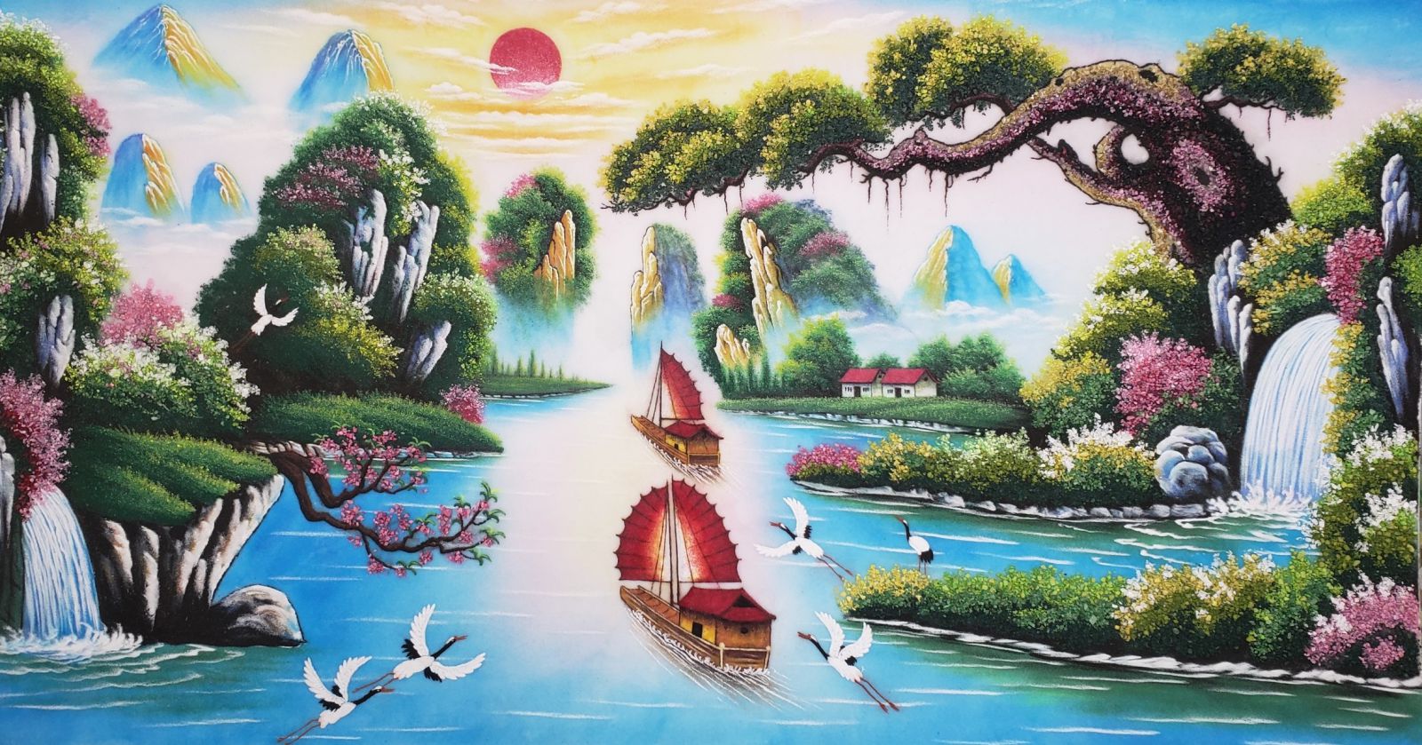Tranh đá quý tùng nghênh khách