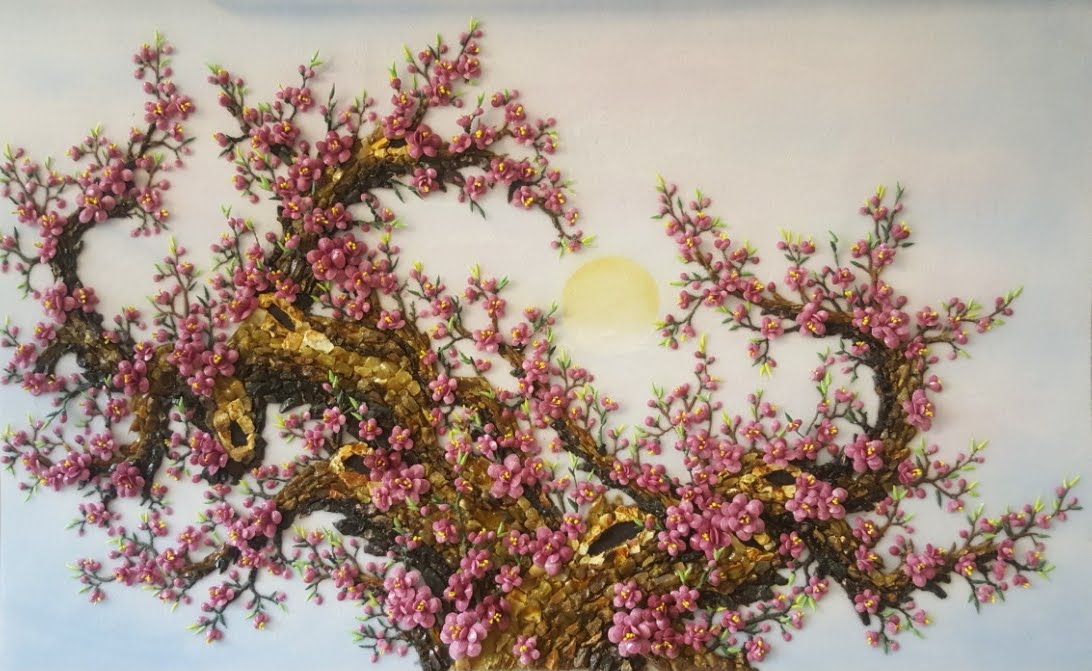 Tranh đá quý hoa đào thế chữ tâm