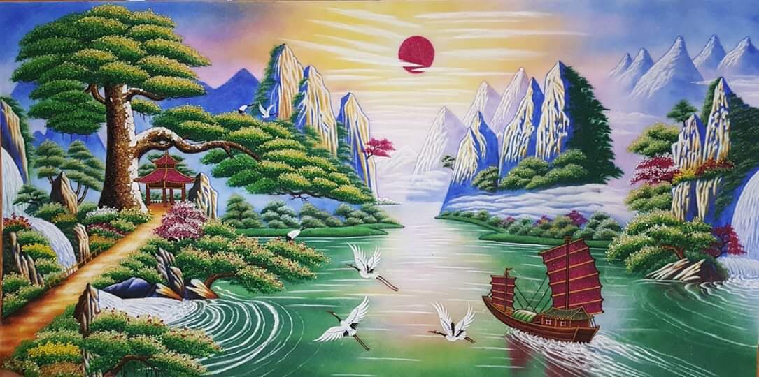 Tranh đá quý tùng đón khách