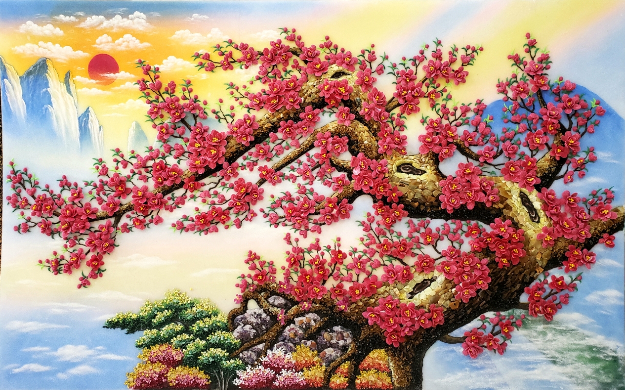 tranh đá quý hoa đào dáng long