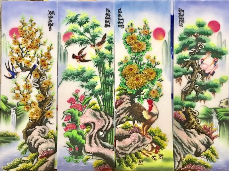 Tranh đá quý tứ quý tùng cúc trúc mai V123