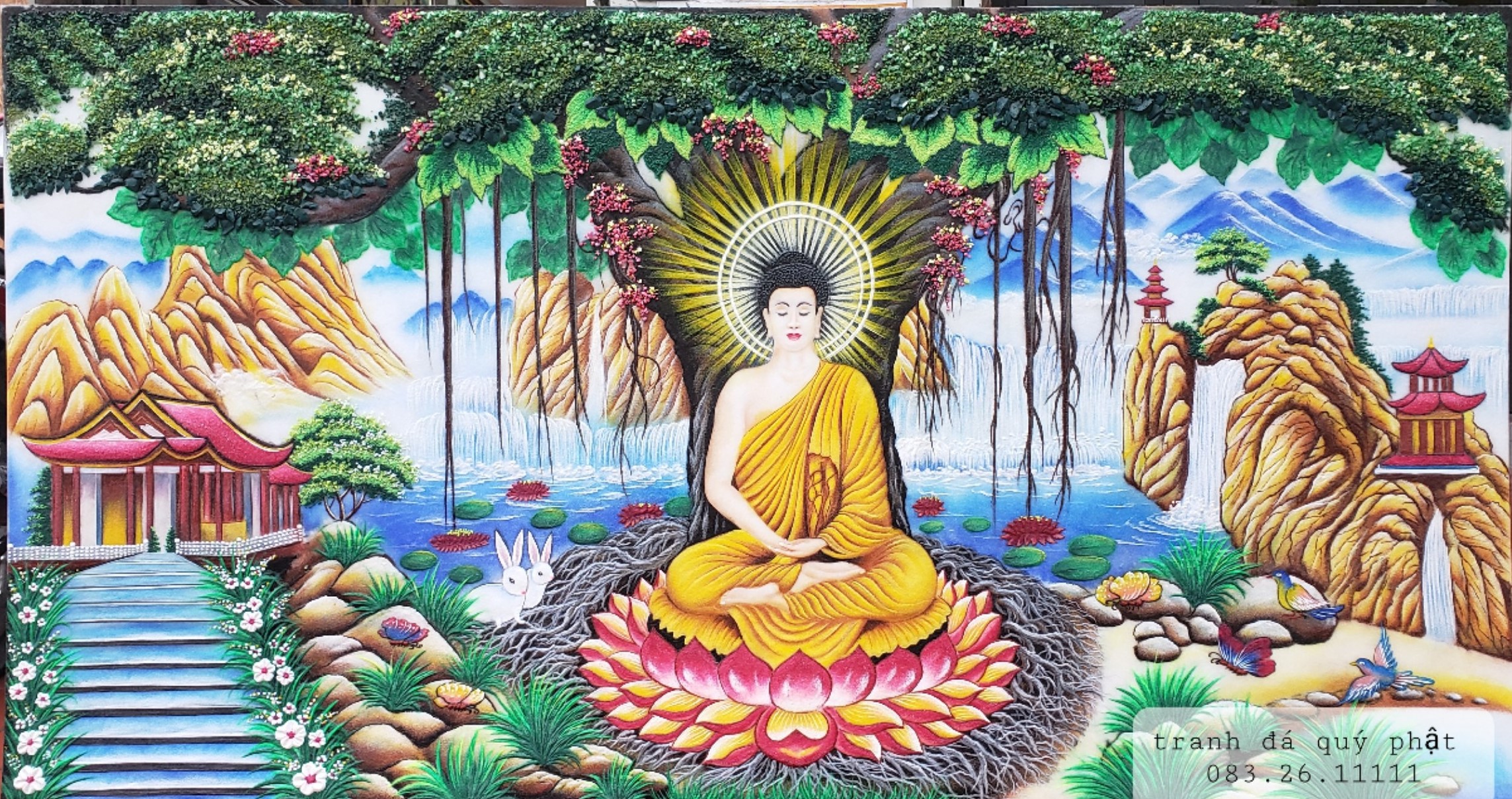 Tranh đá quý phật ngồi gốc bồ đề T33