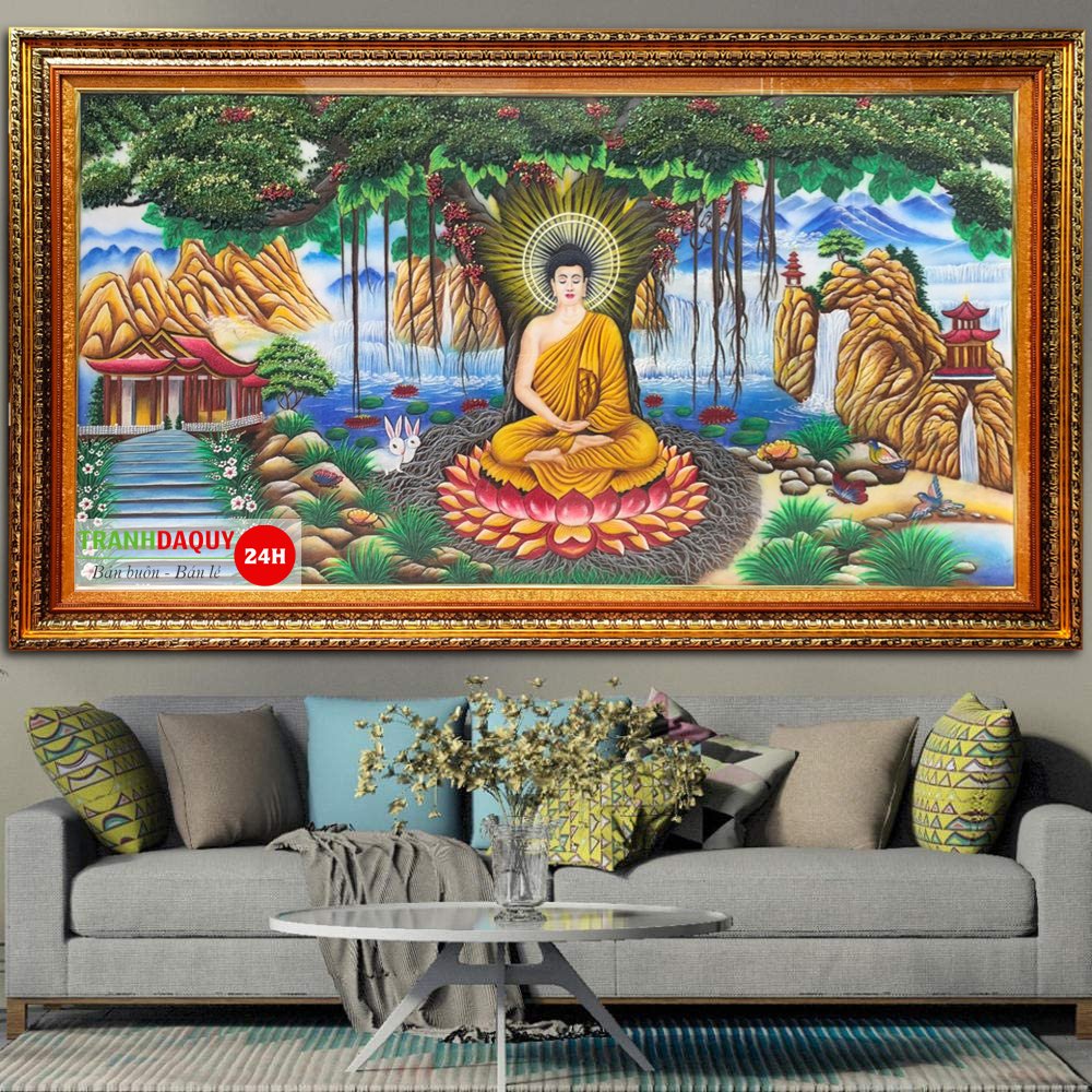 Tranh đá quý phật ngồi gốc bồ đề