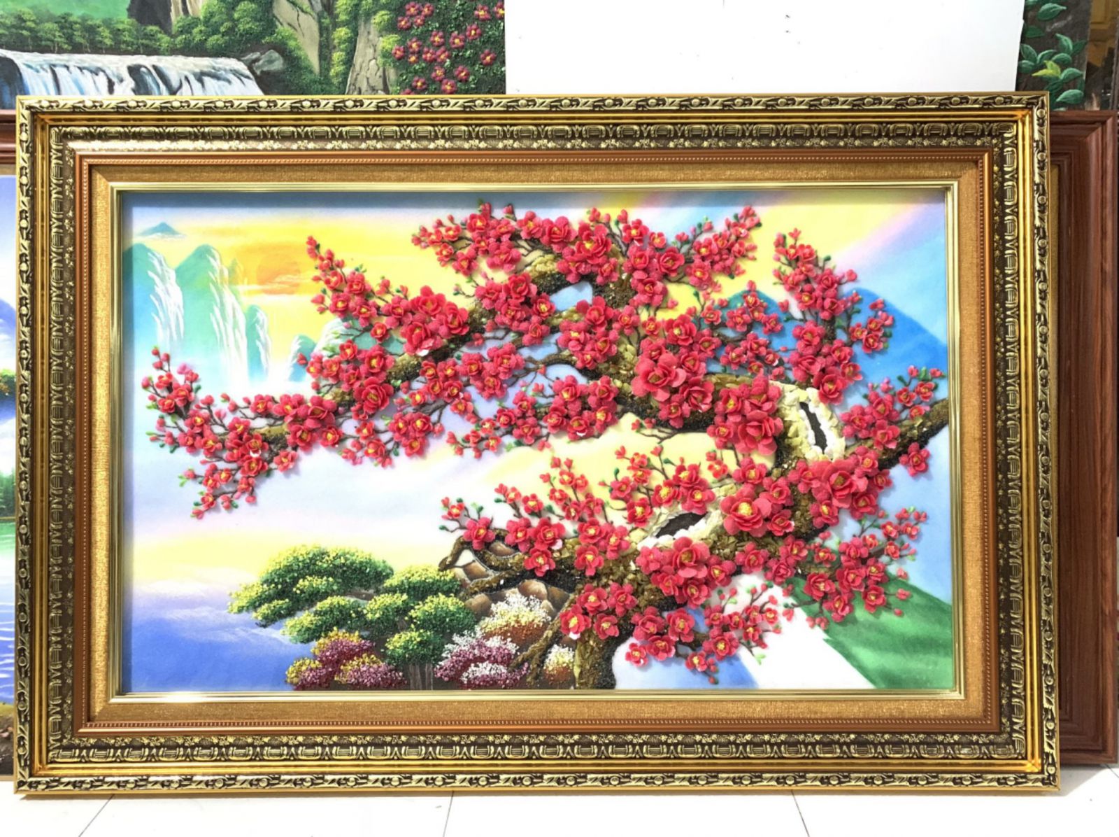 Tranh đá quý hoa đào thế rồng ngậm ngọc