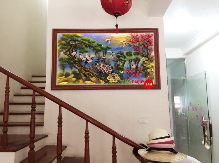Tranh đá quý tùng hạc mẫu đơn