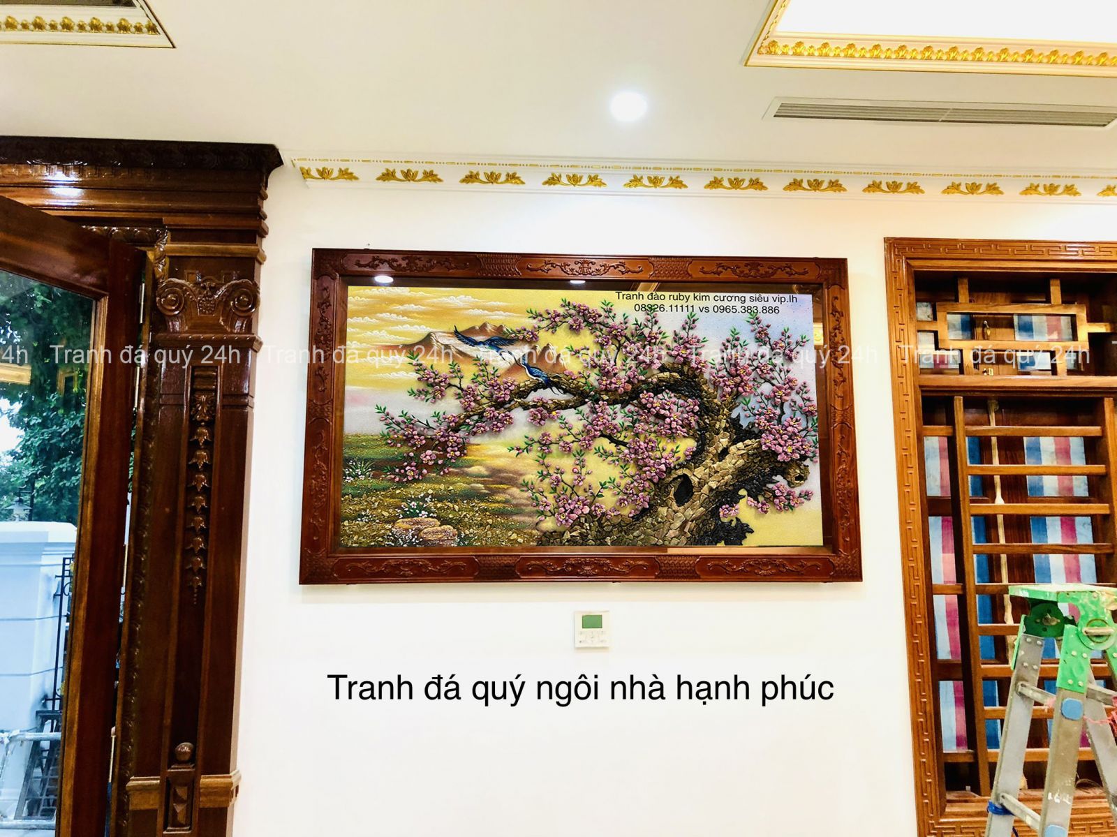 Tranh đá quý hoa đào thế rồng ruby