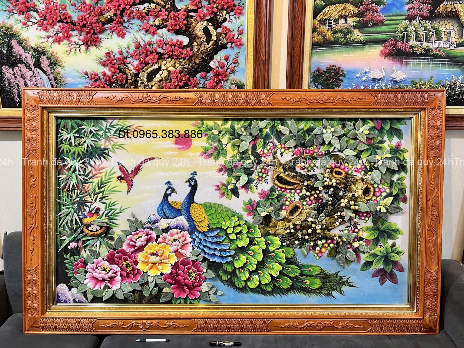 tranh đá quý công đào mẫu đơn