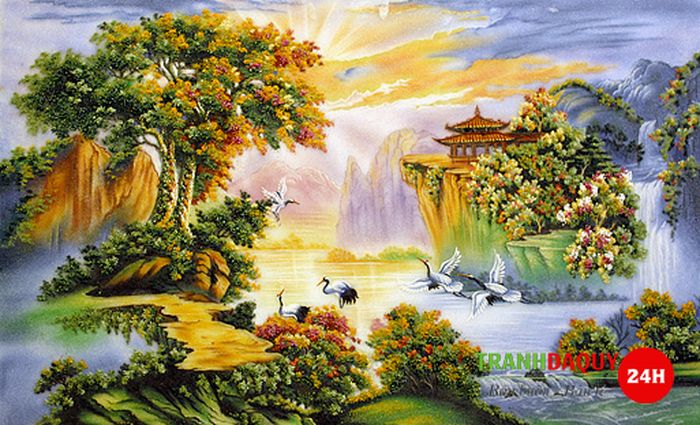 Tứ quý mẫu đơn Tranh đá quý sơn thủy