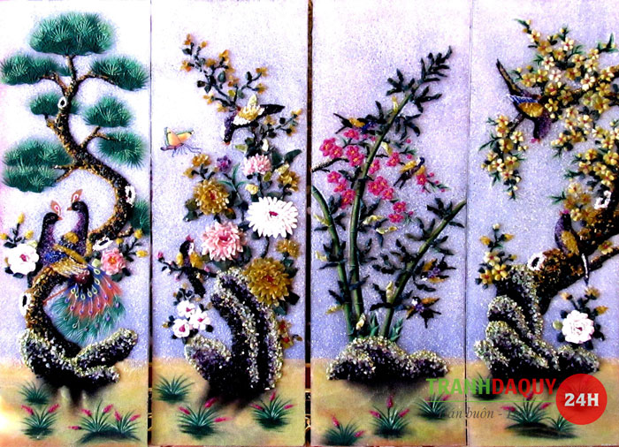 Tranh đá quý tứ quý tùng cúc trúc mai | Tranh đá quý 24h