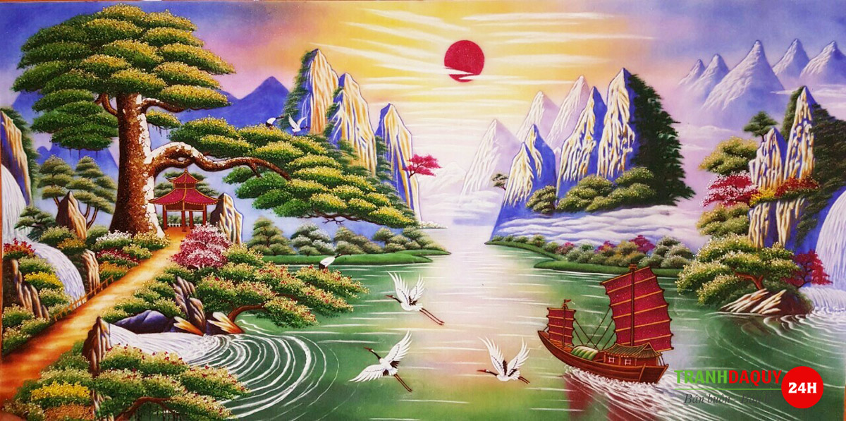 tranh đá quý tùng đón khách